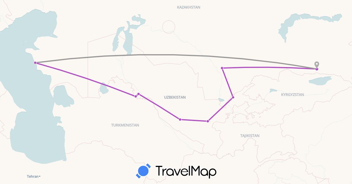 TravelMap itinerary: driving, plane, train in Kazakhstan, Uzbekistan (Asia)