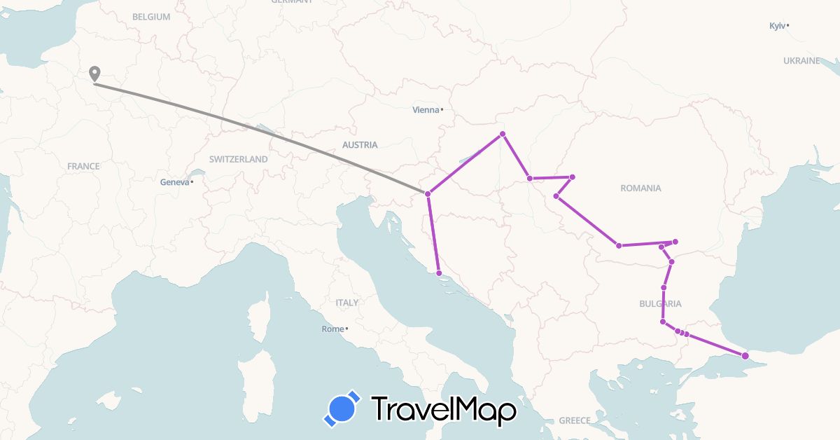 TravelMap itinerary: plane, train in Bulgaria, France, Croatia, Hungary, Romania, Turkey (Asia, Europe)