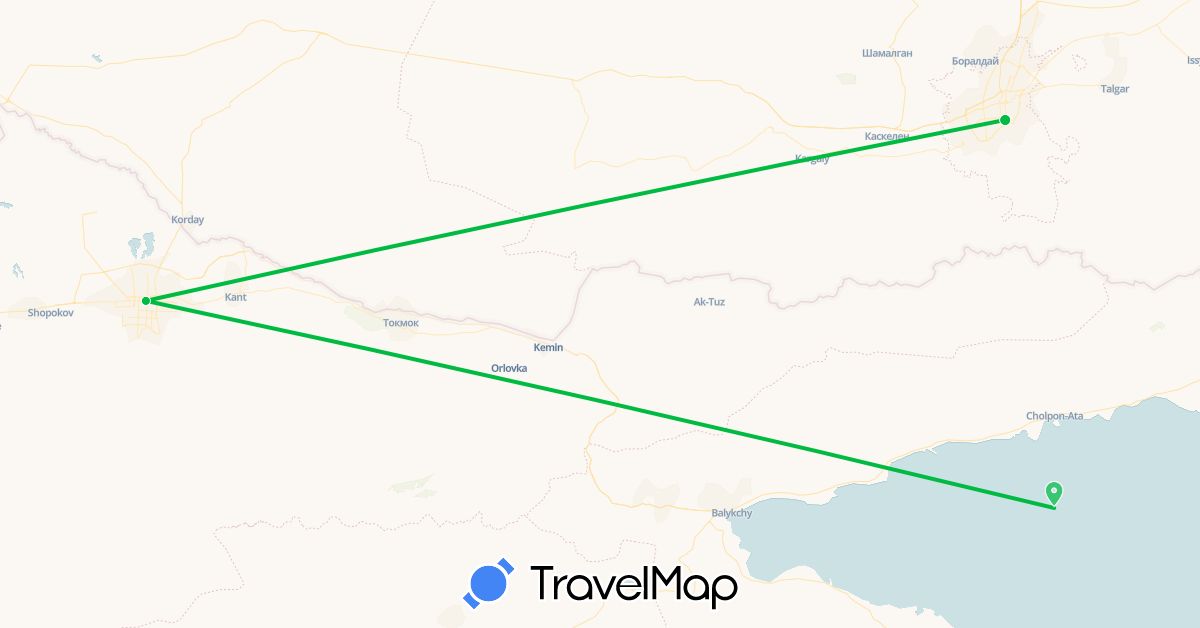 TravelMap itinerary: driving, bus in Kyrgyzstan, Kazakhstan (Asia)